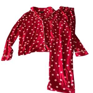 Kate Spade Red Pink Polka Dot Pajama Set Long Sleeve Button Down Pants Medium